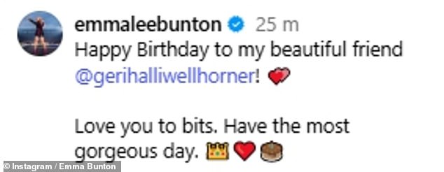 One of Emma's snaps showed herself and Geri at her 2015 wedding to Christian Horner, with the caption: 'Happy Birthday to my beautiful friend @gerihalliwellhorner! Love you to bits'