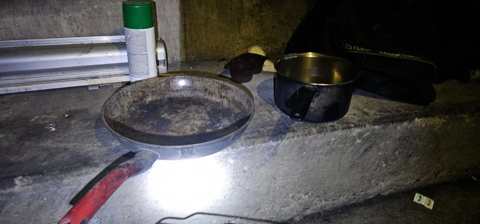 Cooking pot and pan in Las Vegas homeless encampment.