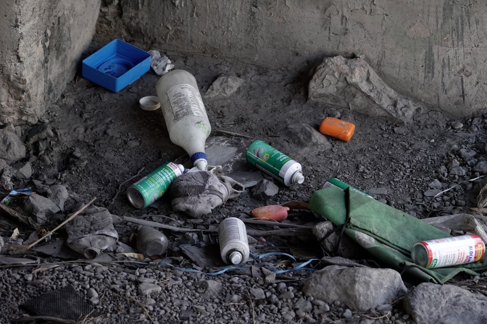 Belongings of homeless people in a Las Vegas tunnel.