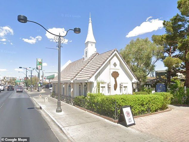 Pictured: the Chapel of the Flowers in Las Vegas, which is where Mr Dinsdale married his second wife. The venue is close to the chapel he wed his first wife at five years earlier