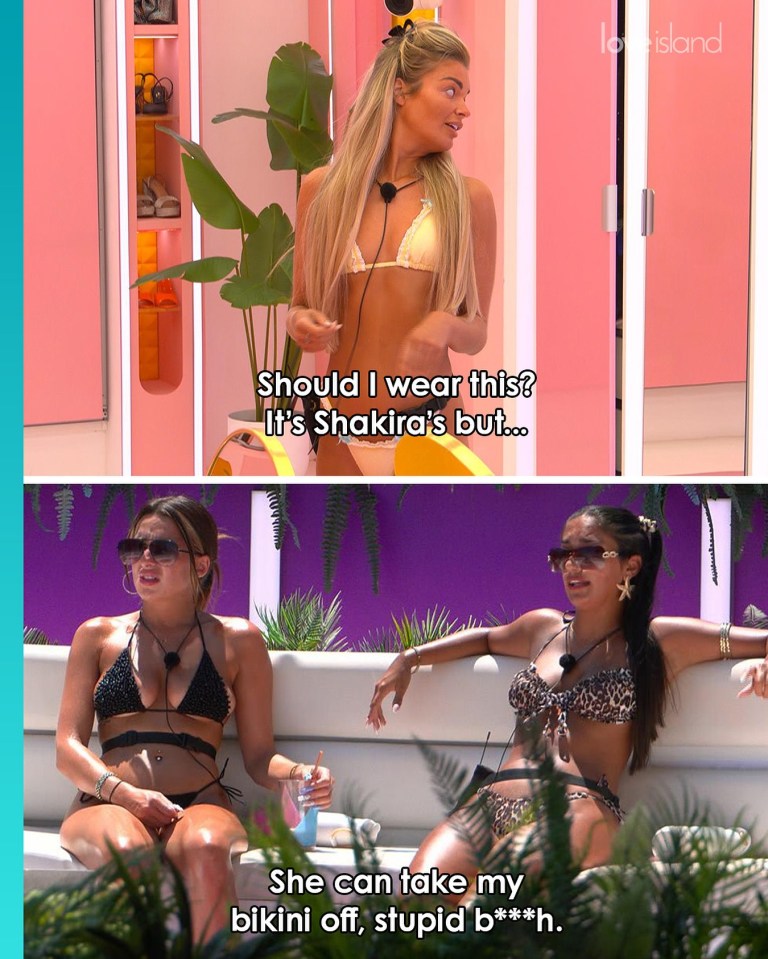 Screenshot from Love Island showing women discussing a bikini.