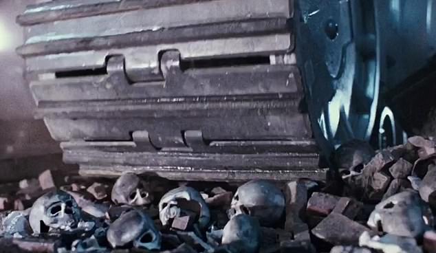 A scene from the opening moments of the first Terminator film, showing human skulls being crushed