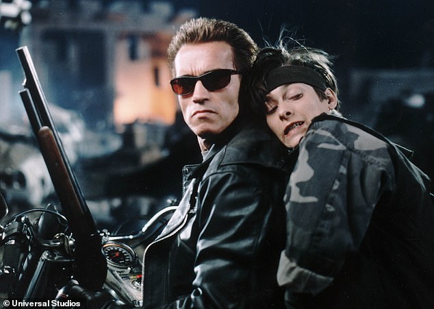 Arnold Schwarzenegger as the Terminator alongside co-star Edward Furlong, who portrayed under threat John Conner