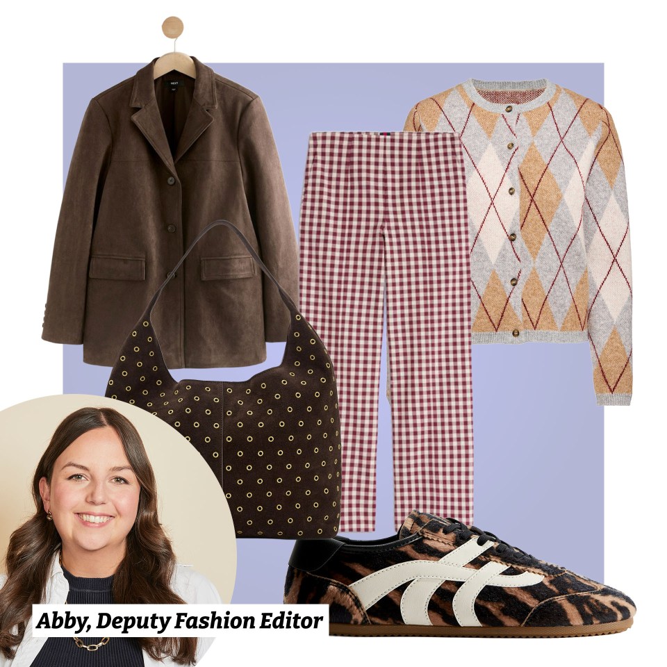 Collage of fall fashion featuring a brown suede jacket, gingham pants, argyle cardigan, brown handbag, and animal print sneakers.