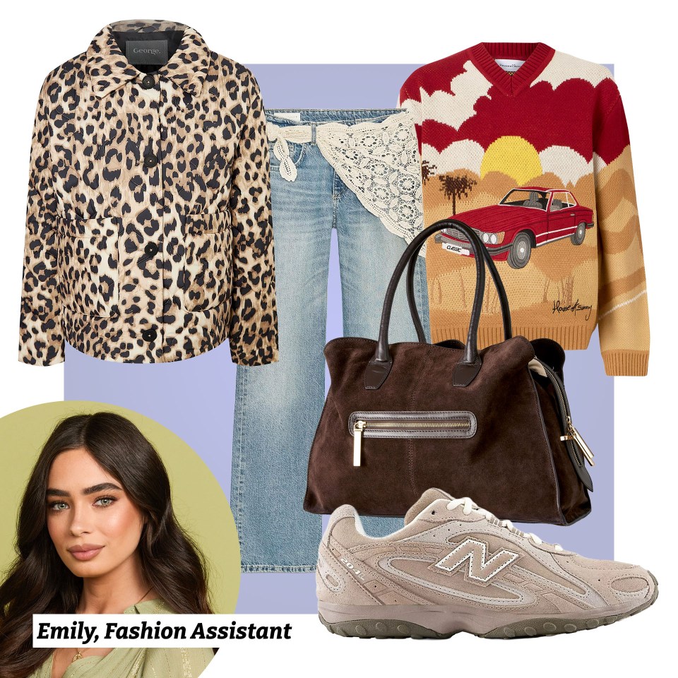 Collage of Emily, Fashion Assistant's outfit: leopard print jacket, jeans, lace trim, sweater, handbag, and sneakers.