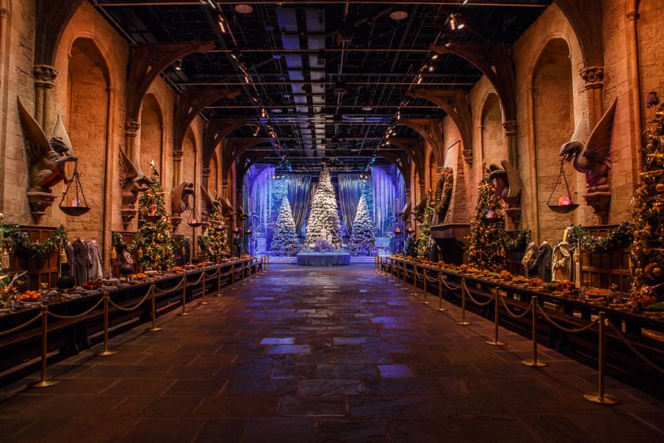 Hogwarts Great Hall decorated for Christmas.