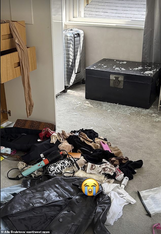 It showed a shattered window glass on top of a chest, and a pile of clothes on the floor after a burglar had forced their way into the property