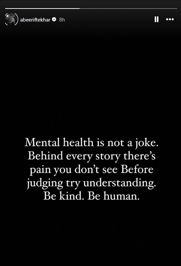 She wrote: 'Mental health is not a joke. Behind every story there's pain you don't see. Before judging try understanding. Be kind. Be human.'