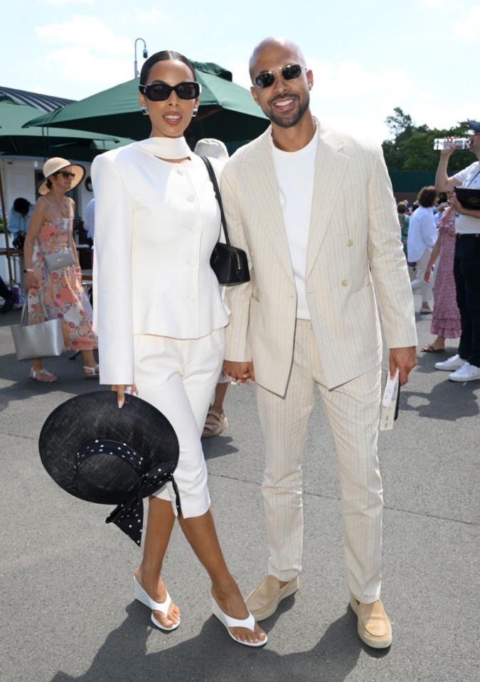 LONDON, ENGLAND - JUNE 30: Rochelle Humes and Marvin Humes attend day one of the Wimbledon Tennis Championships at the All England Lawn Tennis and Croquet Club on June 30, 2025 in London, England. (Photo by Karwai Tang/WireImage)