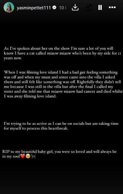 Screenshot of Instagram post announcing the death of the author's cat.