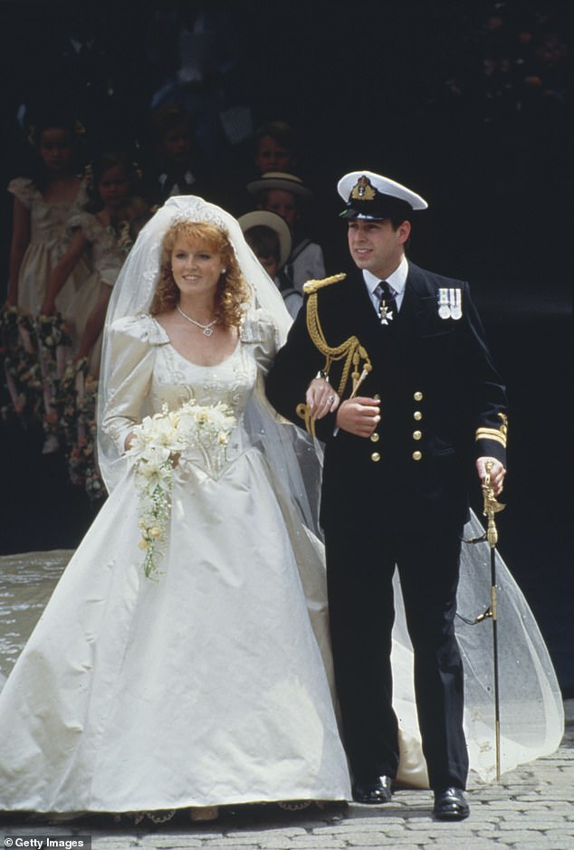 Prince Andrew pictured with Sarah Ferguson on their wedding day following a ceremony at Westminster Abbey