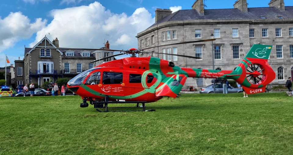 a red and green helicopter is parked in a grassy field