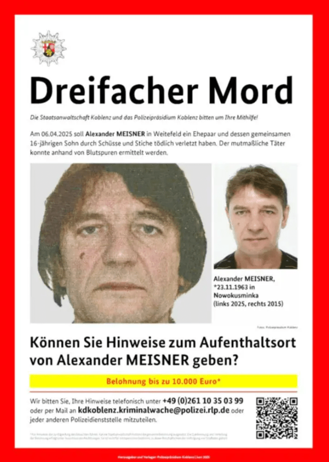 Wanted poster for Alexander Meisner, suspected of triple homicide.  Includes photos and contact information.