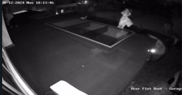 Nighttime security footage of burglars stealing jewelry.
