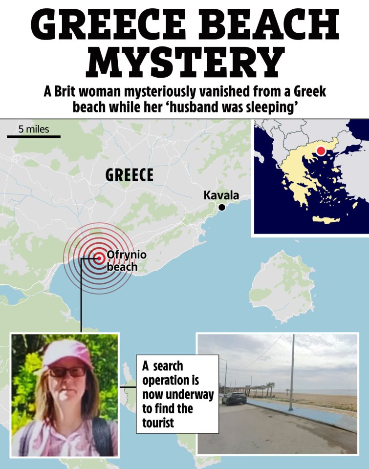 Map showing the location of Ofrynio beach in Greece where a British woman went missing, along with her photo.