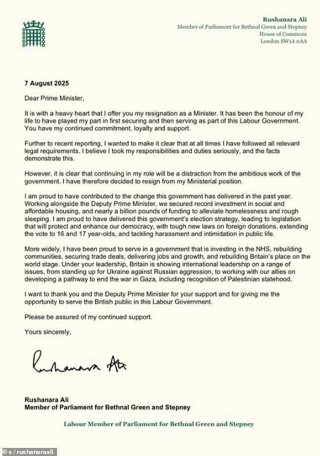 Ms Ali's letter to the Prime Minister announcing her resignation as homelessness minister