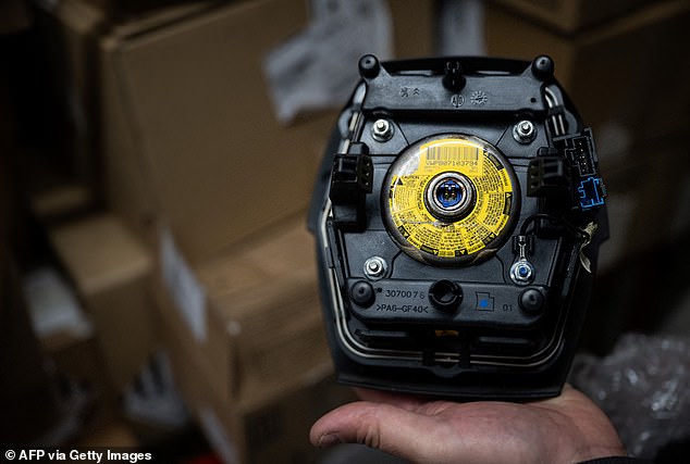 Stop drive: Since June 20, 96,000 UK motorists have been ordered to park up their cars indefinitely until the faulty airbag devices (similar to the one pictured) can be replaced