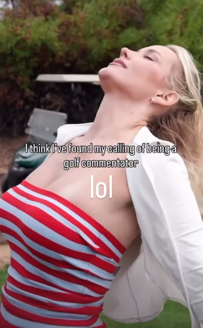 Woman in striped top and white jacket with head tilted back; text overlay reads "I think I've found my calling of being a golf commentator lol".