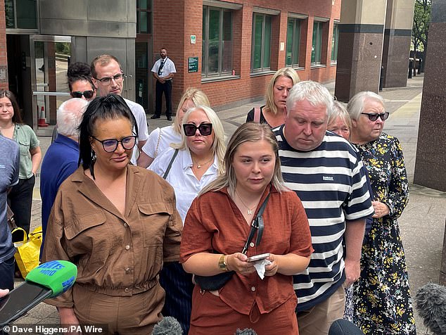Harvey's mother, sister and father (all front centre) speaking after the verdict outside court