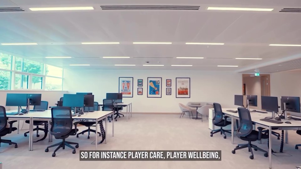 Modern office space with computers and artwork.