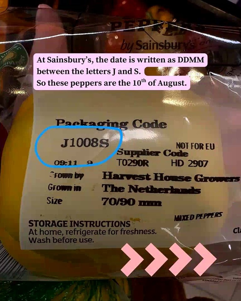 Sainsbury's mixed pepper packaging showing the packaging code, supplier code, growing information, and storage instructions.