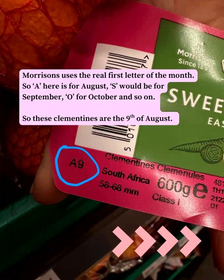 Photo of a clementine sticker showing Morrisons's code: A9, indicating the 9th of August.