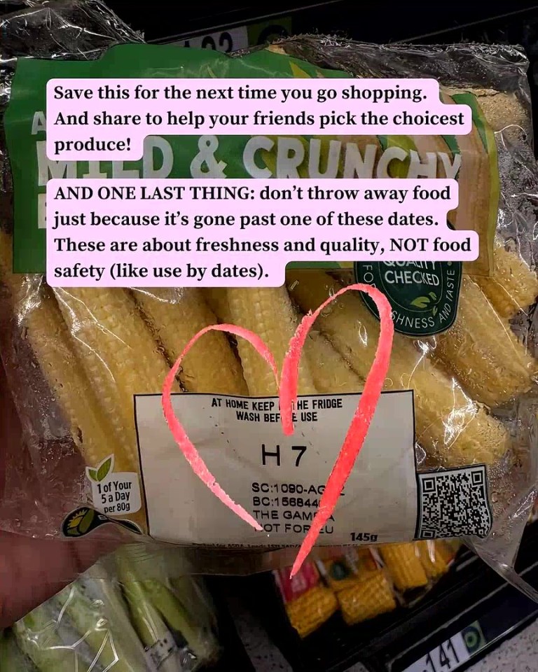 Photo of corn on the cob packaging with information on how to decipher supermarket codes to determine food freshness.