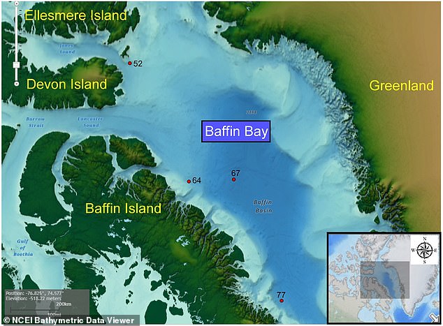 The four cores were collected from locations spanning about 620 miles across Baffin Bay, from shallow waters near Jones Sound to deeper areas near Davis Strait