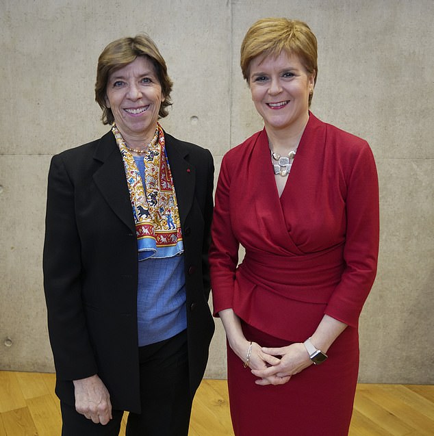Ms Sturgeon also said she was furious upon hearing rumours she was having a lesbian affair with the French Foreign Minister, Catherine Colonna (pictured together February, 2020)