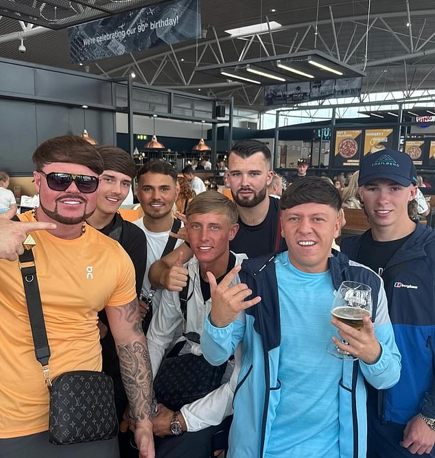Hair-lo boys: Kay posted photographs on his social media surrounded by friends as he flew back out to Ibiza on Thursday