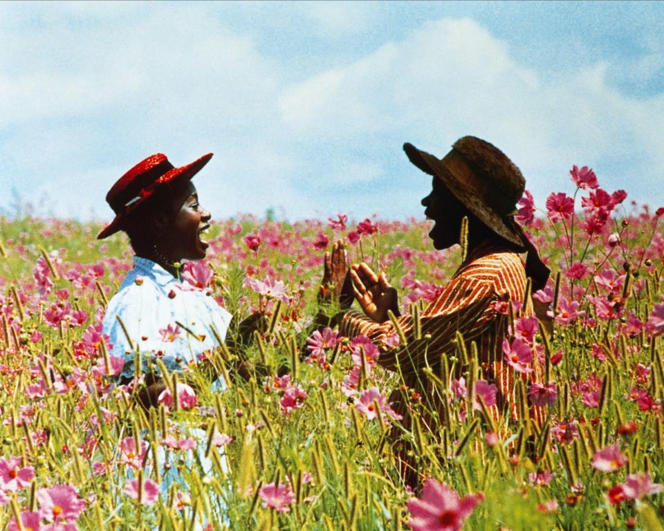 Still from *The Color Purple* showing two girls in a field of flowers.