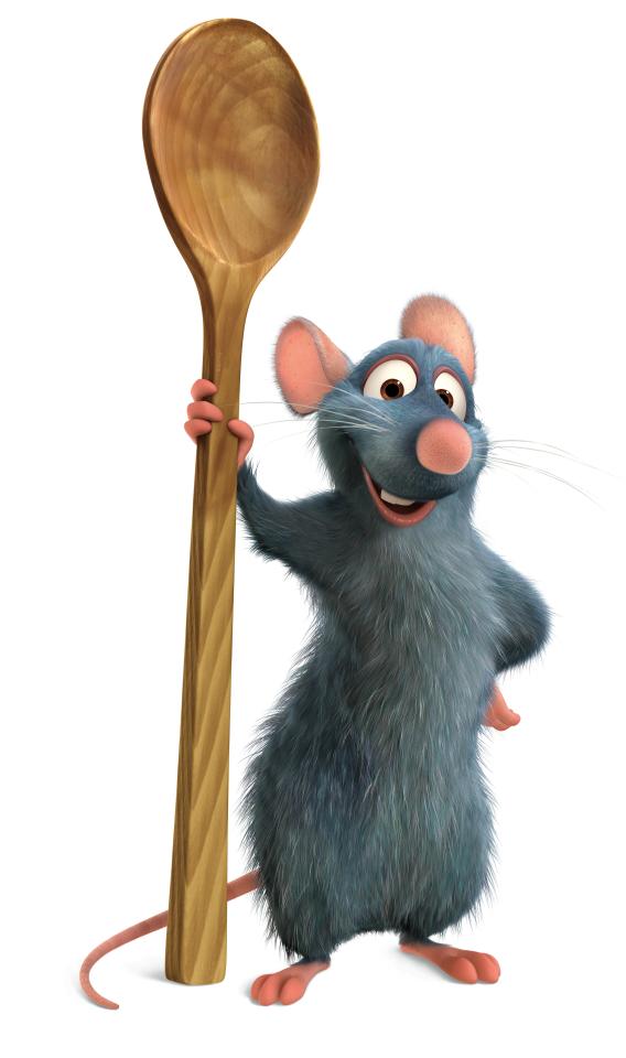 Remy, a rat from Ratatouille, holding a large wooden spoon.