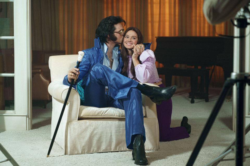 Cailee Spaeny and Jacob Elordi in a still from the film *Priscilla*.