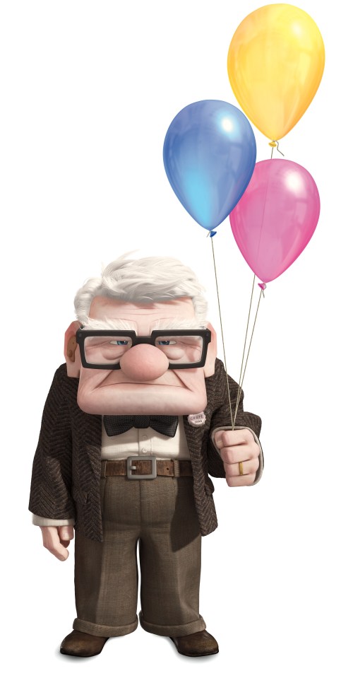 Illustration of Carl Fredricksen from Up holding balloons.