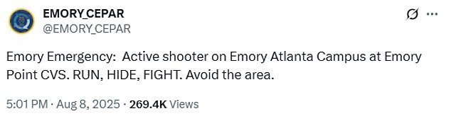 Pictured: The terrifying message from Emory College telling students to 'run, hide, fight'
