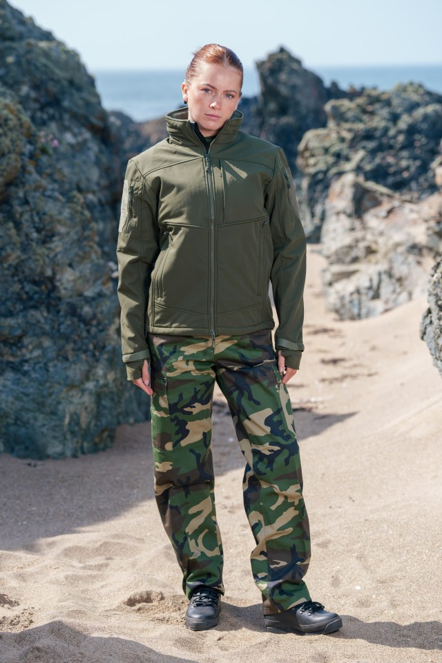 Tasha Ghouri, contestant on Celebrity SAS: Who Dares Wins, in camouflage pants and olive jacket.