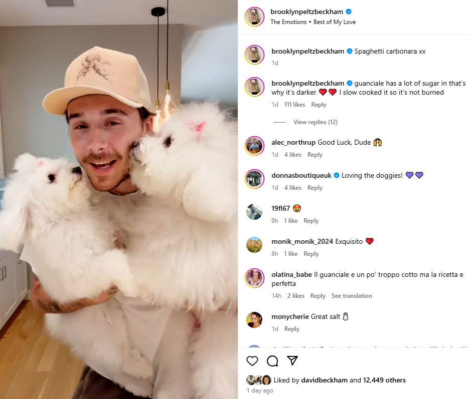 Instagram post of Brooklyn Beckham holding two small white dogs, liked by David Beckham.
