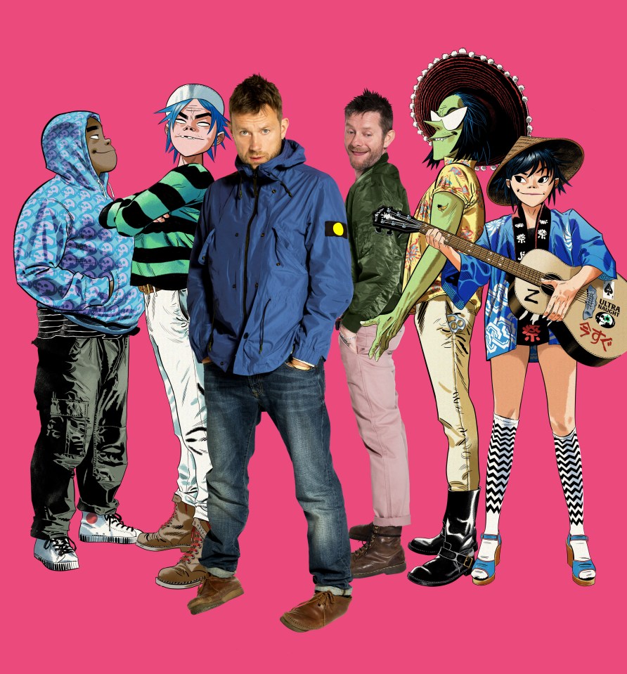 Illustration of Damon Albarn and Jamie Hewlett with the Gorillaz band members.