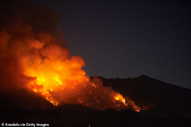 Dramatic footage shows flames engulfing the volcano in Naples, Italy , as firefighters battle to control the flames