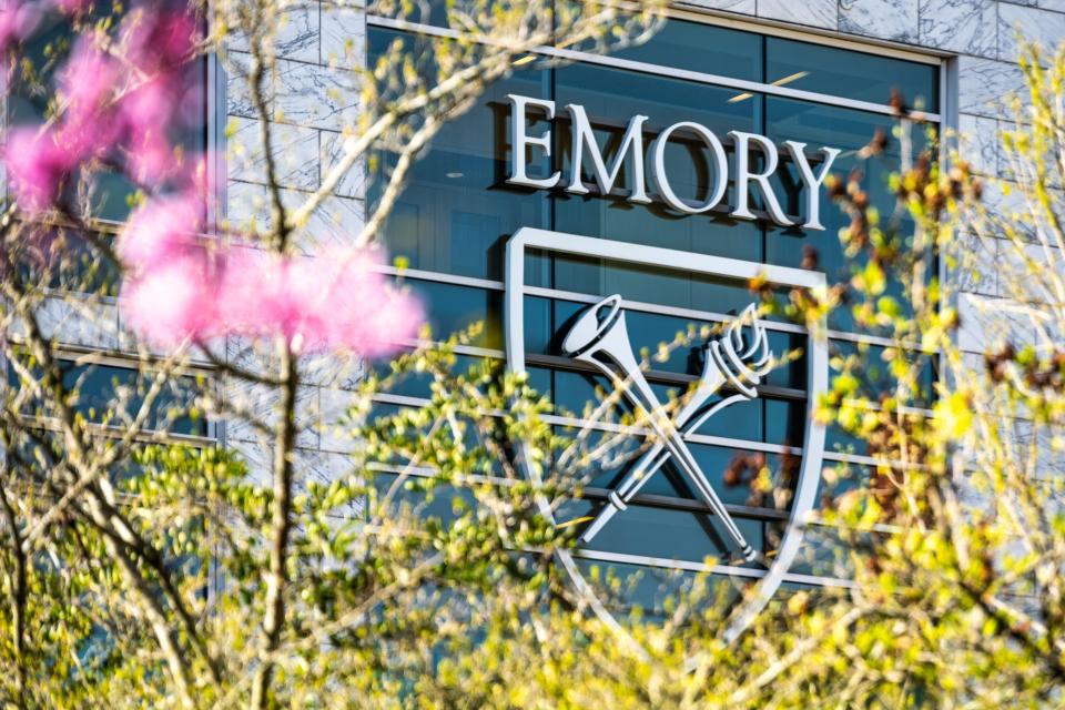Emory University logo on a building.