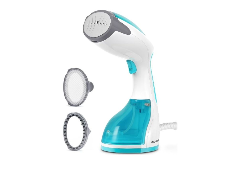 Handheld garment steamer with attachments.