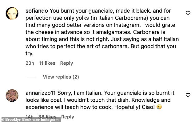 Some of Brooklyn's followers agreed and added: 'You burnt your guanciale, made it black'; 'What in the extremely charred pork cheek is going on here??'