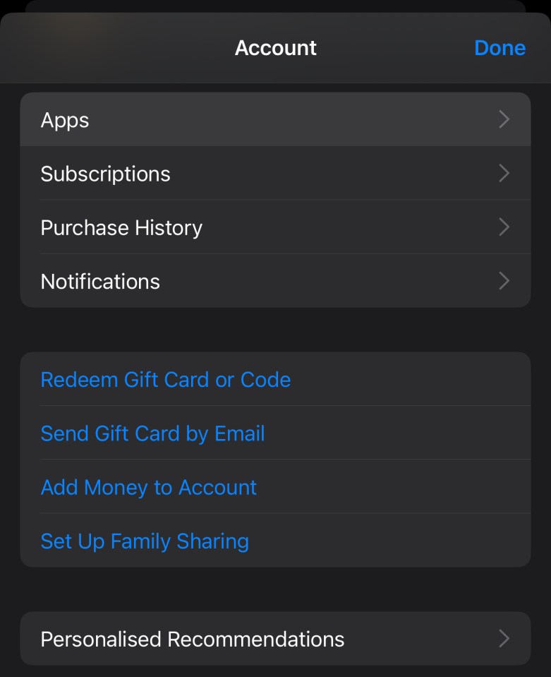 Screenshot of an account settings menu with options for apps, subscriptions, purchase history, notifications, gift cards, family sharing, and personalized recommendations.