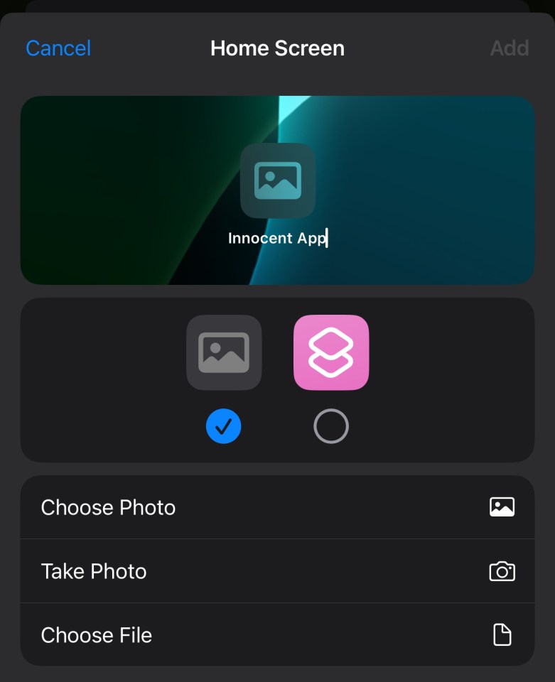 Screenshot of app interface showing options to add a photo to a home screen.