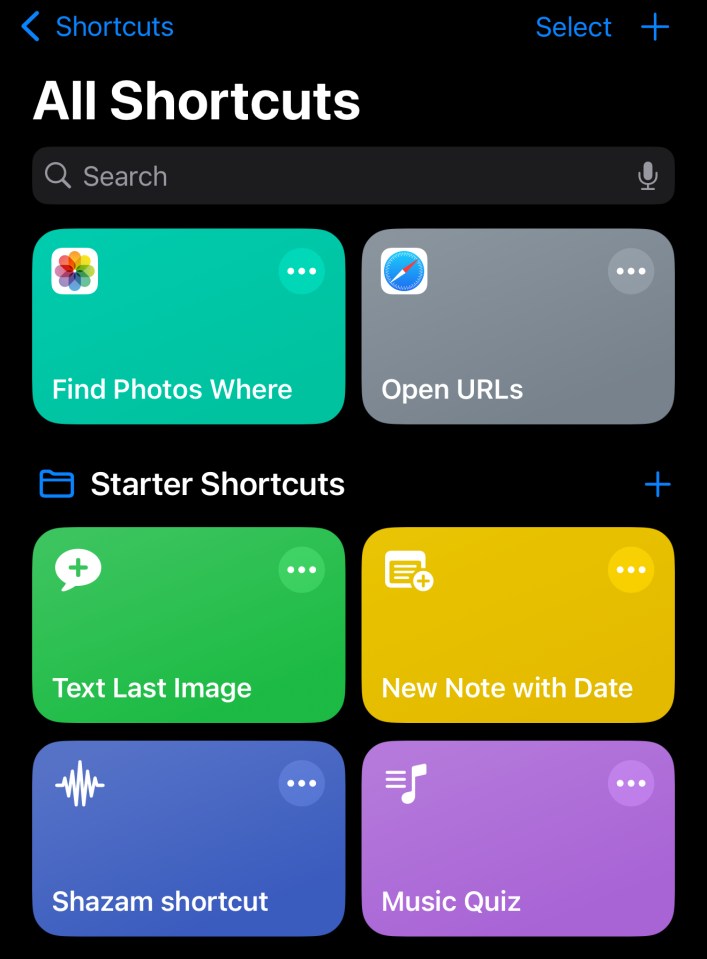 Screenshot of iPhone Shortcuts app showing various shortcuts.