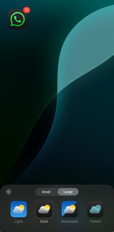 Screenshot of WhatsApp app with 15 unread messages, showing options for text size (small, large) and display mode (light, dark, automatic, tinted).