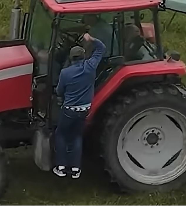 Furious travellers gave chase, with one man clinging to the side of a tractor cab, shaking his fist as the putrid slurry sprayed around him