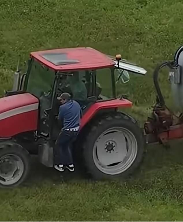 Merde bath: The astonishing footage, now seen by millions, shows he and another farmer spraying fertilizer towards the unwanted intruders - who in turn desperately give chase