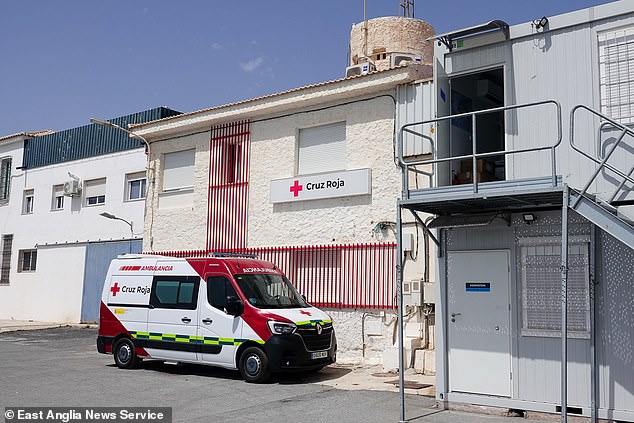 Pictured: The office of the Red Cross next to the CATE secure migrant detention centre which the charity helps to run in the port of Motril, Spain