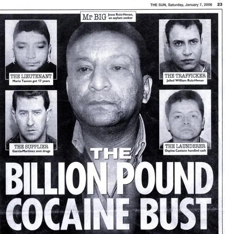 Newspaper article about a billion-pound cocaine bust, featuring photos of those involved.